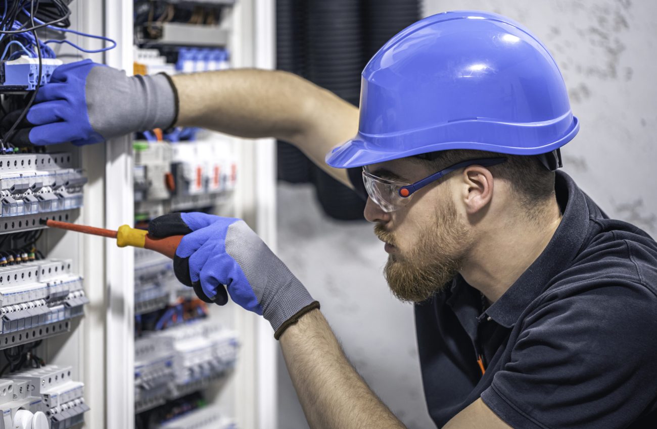 A male electrician works in a switchboard with an electrical connecting cable. Electrician with screwdriver tightens electrically operated switching equipment in fuse box. SSUCv3H4sIAAAAAAAACpySz27CMAzG75P2DlXOVCqElJRXQTu4SaAWIUFJyjQh3n3506Lsulv9s/3ZX9zn50fTkBE8CnJsnimKMWo9++AgoDURd5uFO2WkcjV5ONp3NQCsIyUxWIegazhCEJOBm4rQzFon/MpJ4gOE2SufdlmQgKAuUaPAt0RZ+FTiZk3kZOyIKUI2FfPzmNmKivi/OsvH19vwRRnxkxeujDilFRQjp1JKrt9BuVttDWaJtnL1sAJ0KqCVEuAdHPzpuzsUaC4VsWHKd1mVhJ1NcGmrtxmirb3DqNOrn+MYtfIJvI/lcuXVbBH/Anur5hgbsqdFlch4nBRuKWWMU9Z3bLc/UEaHpaAcdMKok9dZhWIsrihrV5g2IAPr2MB71koYtu2eK94CG/v2cN5xyTnb0TPEW7x+AQAA//8DAEMK/bO5AgAA